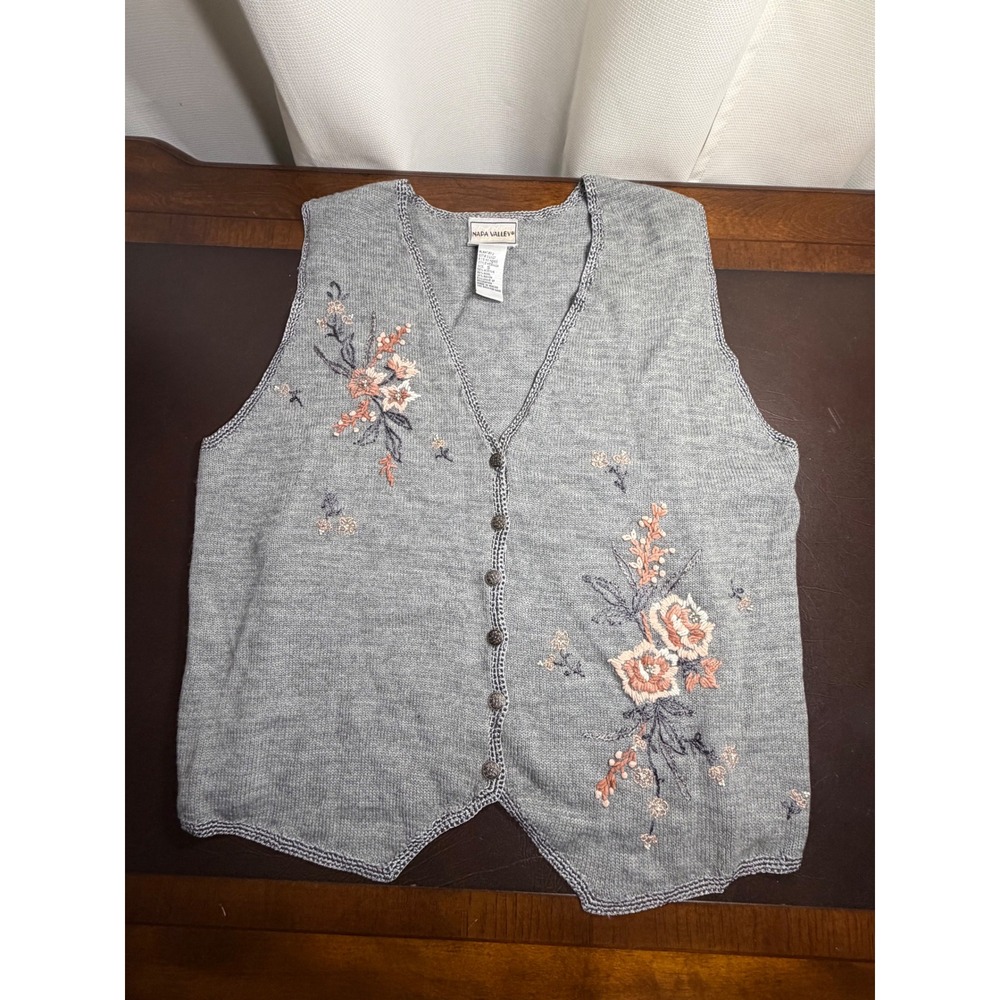 Napa Valley Y2K Floral Embroidered Sweater Vest Women's Small Gray Wool Blend